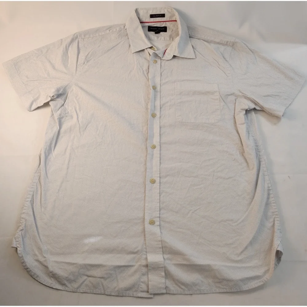 Banana Republic Mens Slim Fit Short Sleeve Button Down Shirt White Blue Dot L